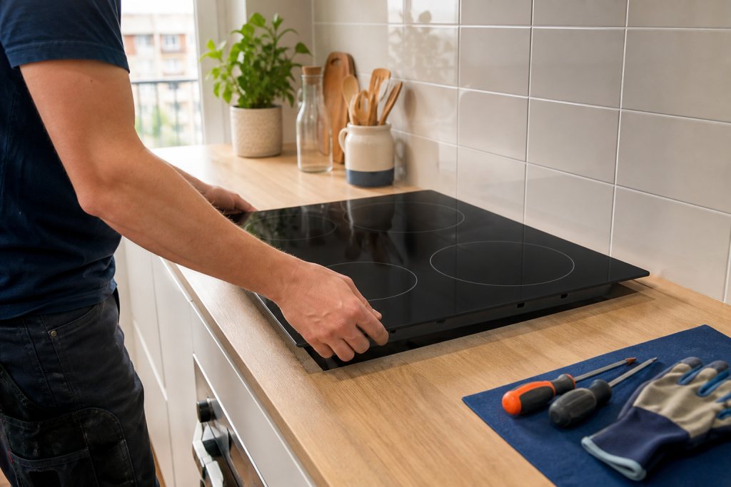 Profesional instalando una placa de inducción en una cocina de Valencia