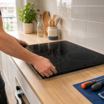 Profesional instalando una placa de inducción en una cocina de Valencia