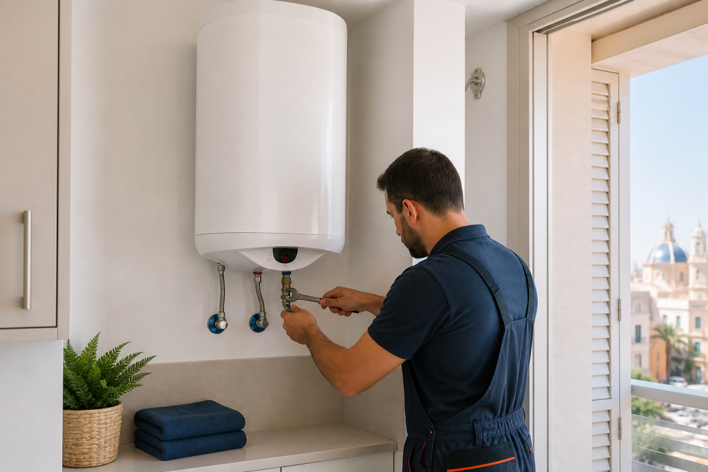 Profesional instalando un termo eléctrico en una vivienda de Valencia