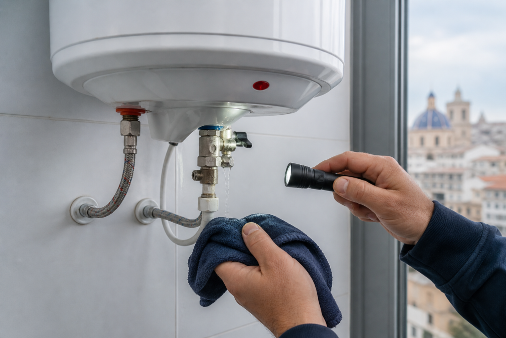 Profesional revisando una fuga en la válvula de un termo eléctrico