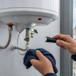 Profesional revisando una fuga en la válvula de un termo eléctrico